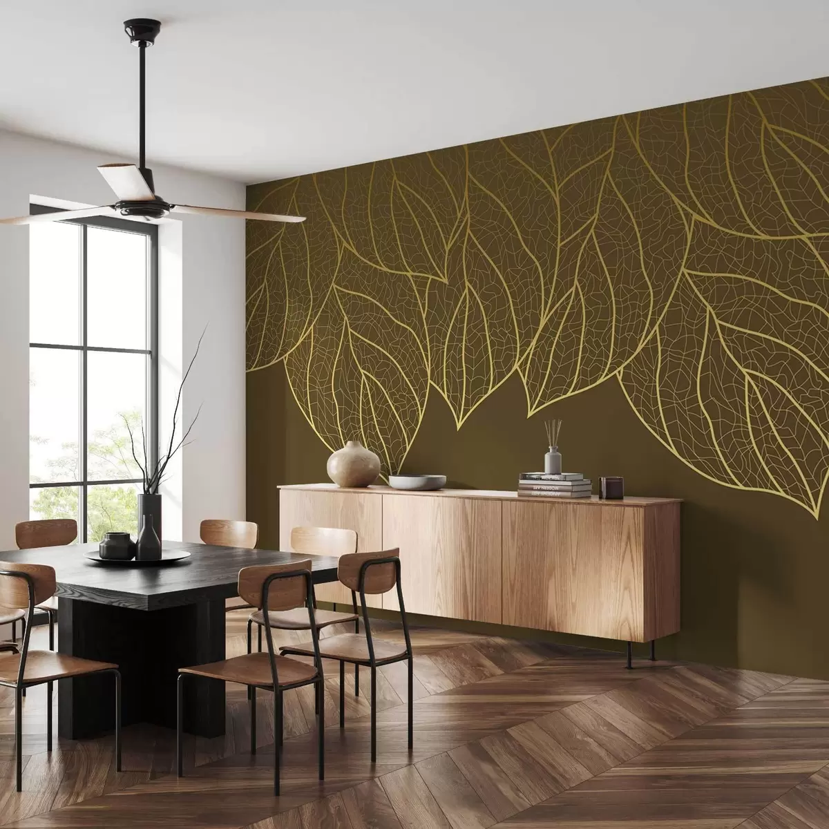 murales de pared Papel pintado minimalista con siluetas de grandes hojas amarillas veteadas sobre fondo caqui  w01960