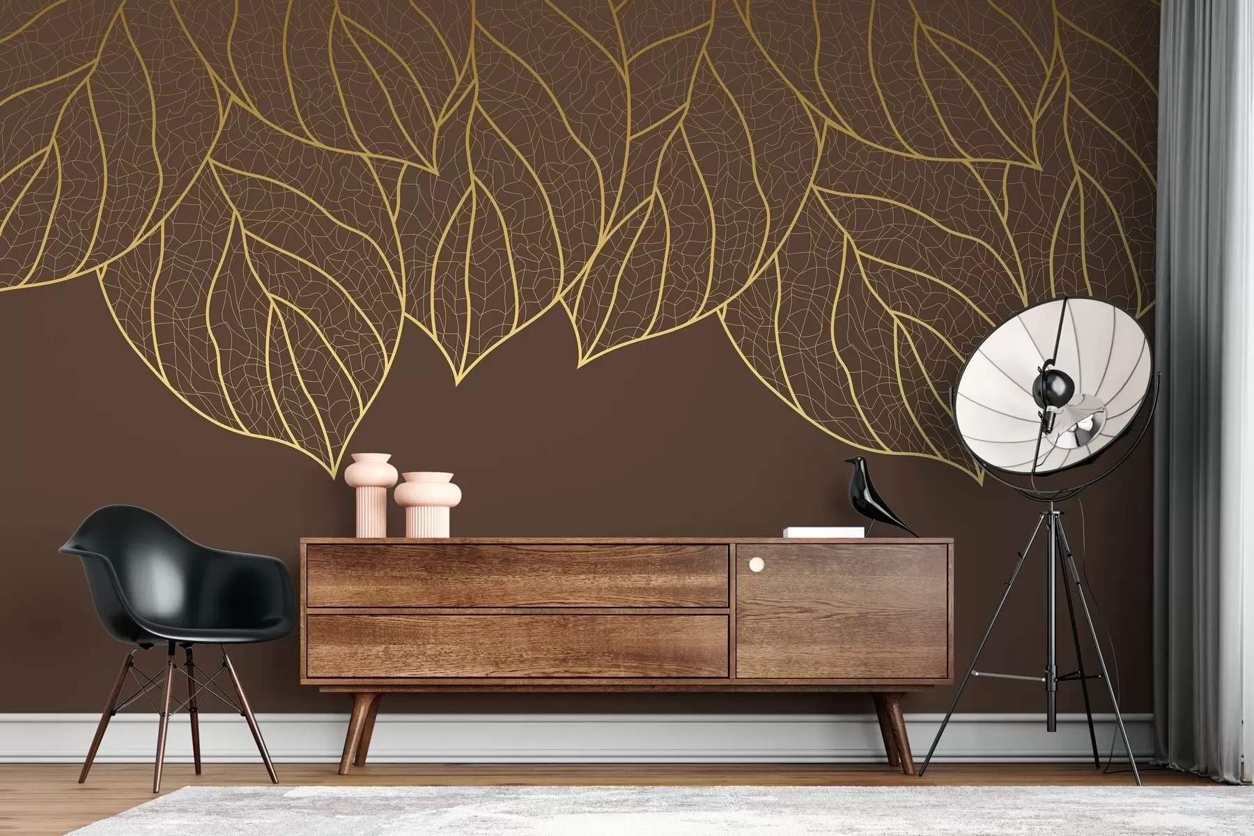 murales de pared Papel pintado minimalista con siluetas de grandes hojas amarillas veteadas sobre fondo marrón claro  w01960v1