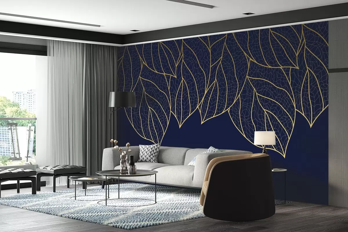 murales de pared Papel pintado minimalista siluetas de grandes hojas amarillas veteadas sobre fondo azul  w01960v3