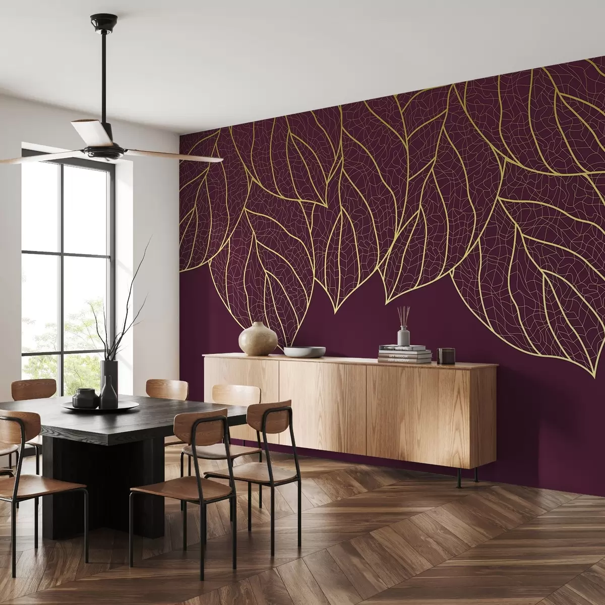 murales de pared Papel pintado minimalista siluetas de grandes hojas amarillas veteadas sobre fondo vino oscuro  w01960v4
