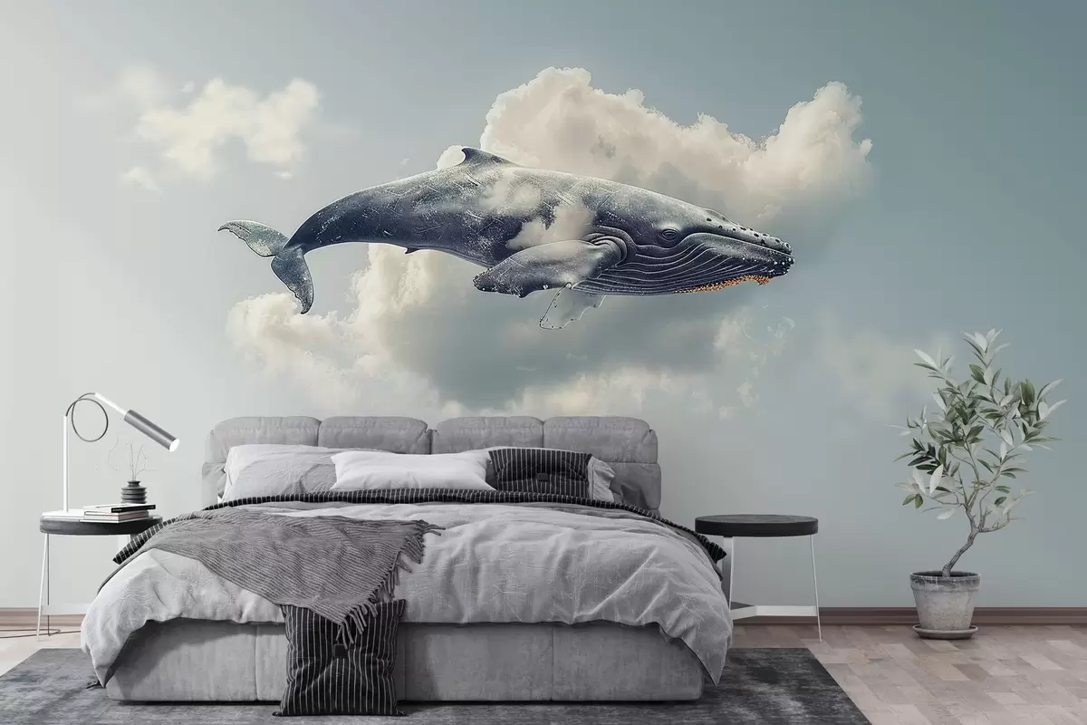 murales de pared Gran ballena de fantasía nadando entre las nubes sobre un fondo de cielo azul claro w01962