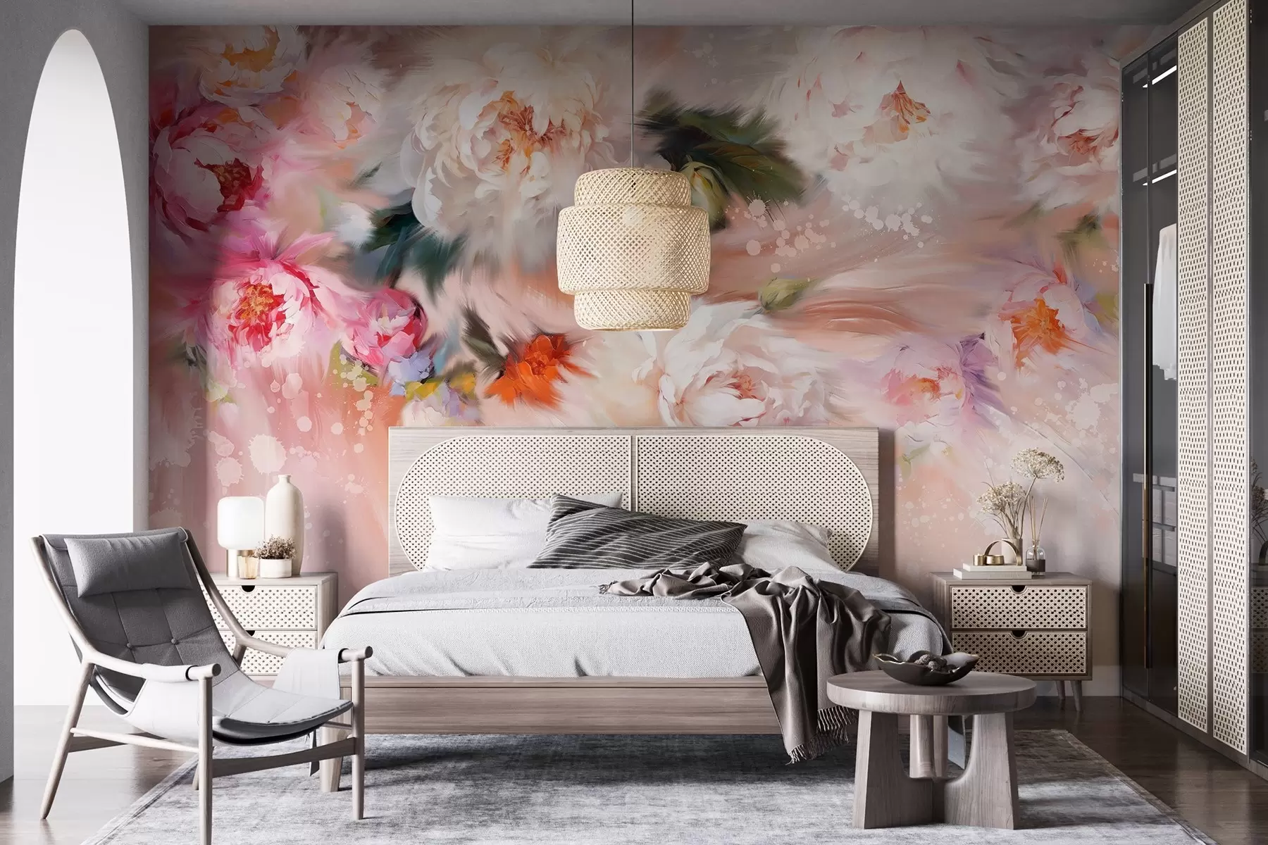 murales de pared Peonías acrílicas, pinceladas, floral, colores pastel suaves w02021