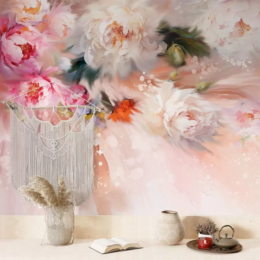 murales de pared Peonías acrílicas, pinceladas, floral, colores pastel suaves w02021