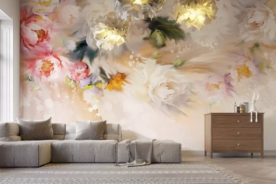 murales de pared Peonías acrílicas, pinceladas, floral, colores beige pastel suave w02021v2