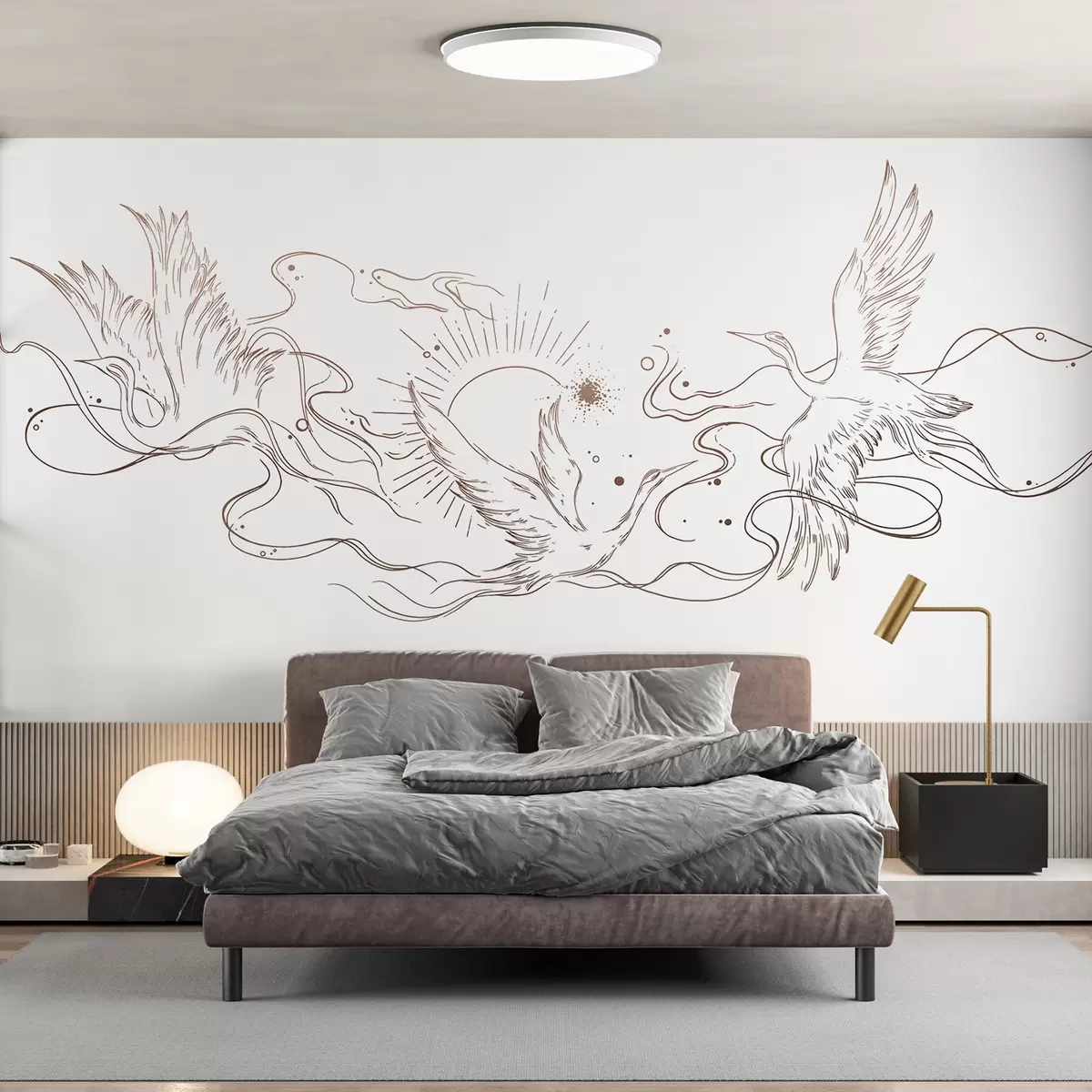 murales de pared Pájaros voladores, dibujo lineal, minimalismo, paleta de colores beige w02022