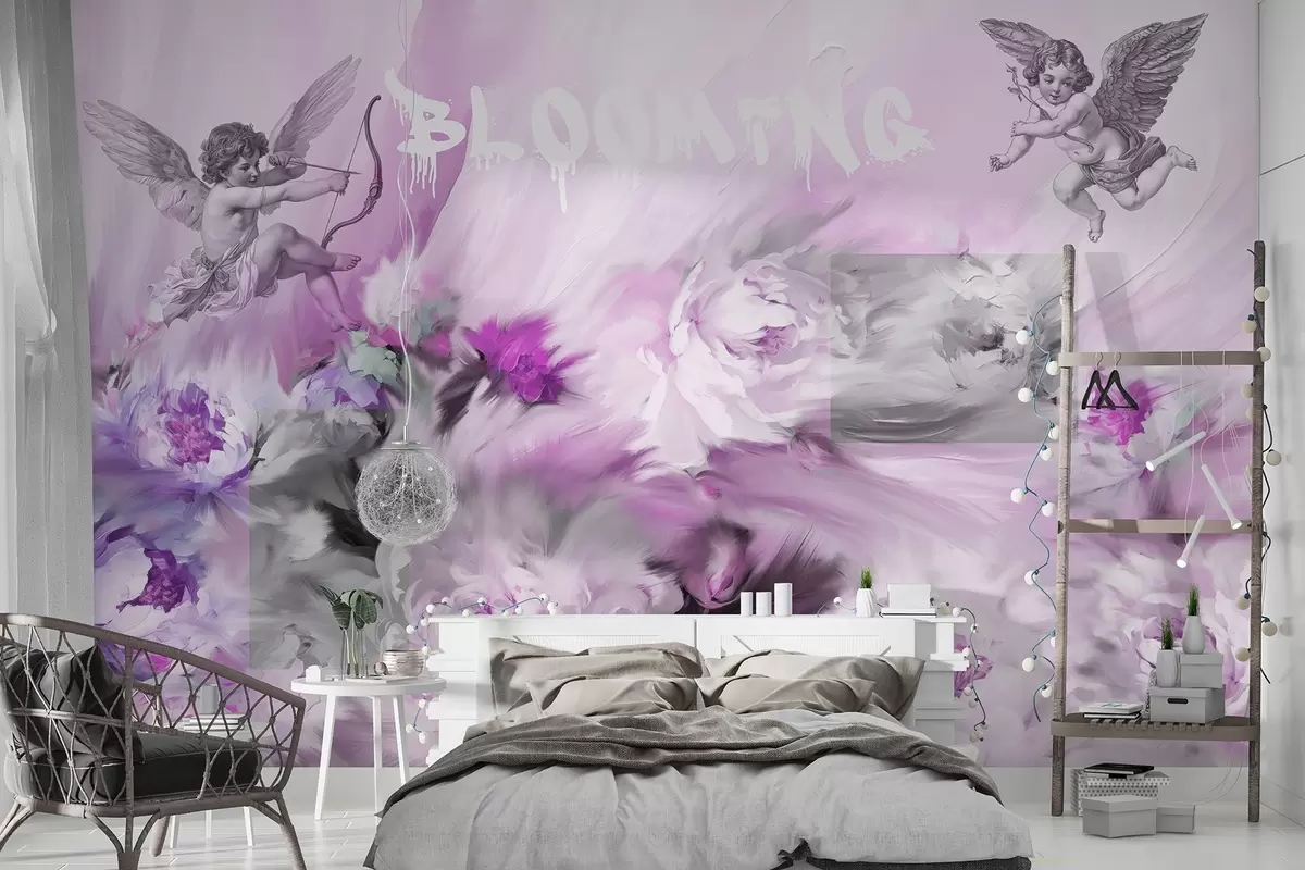 murales de pared Flores florecientes, peonías, pequeños Cupidos con flechas, arte acrílico, colores violetas w02023v2