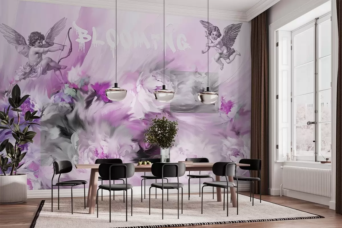 murales de pared Flores florecientes, peonías, pequeños Cupidos con flechas, arte acrílico, colores violetas w02023v2