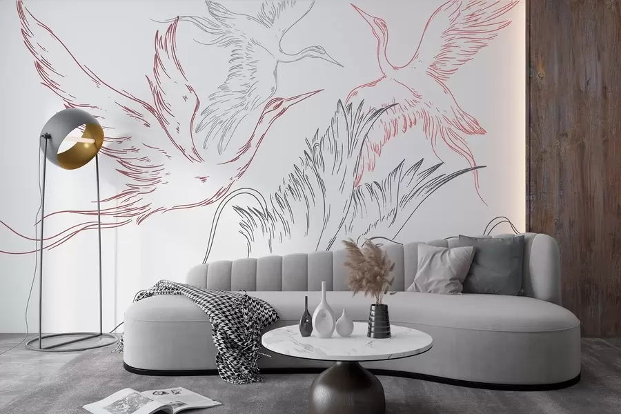 murales de pared Pájaros volando, minimalismo, arte lineal, naturaleza, colores gris y rojo w02061v1