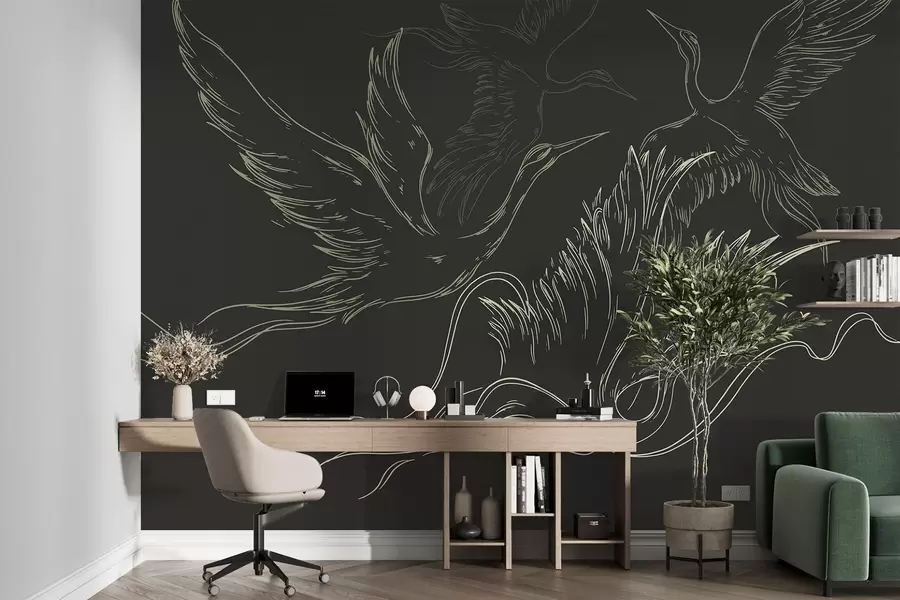 murales de pared Pájaros volando, minimalismo, arte lineal, naturaleza, fondo oscuro w02061v3