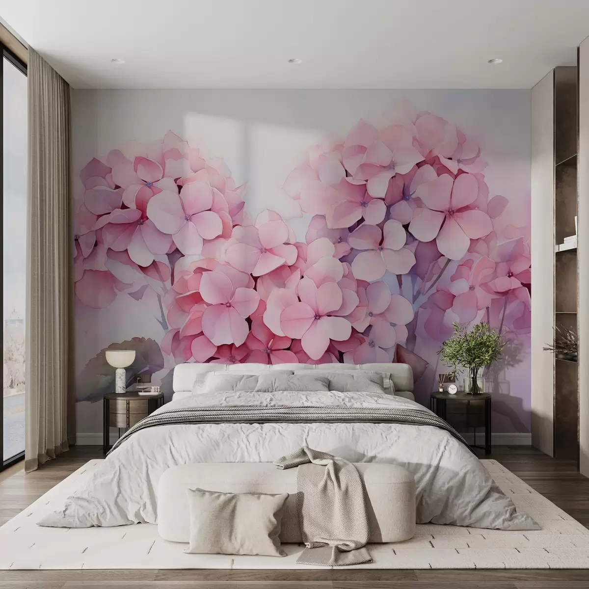 murales de pared Hortensia rosa floreciente acuarela húmeda w02041