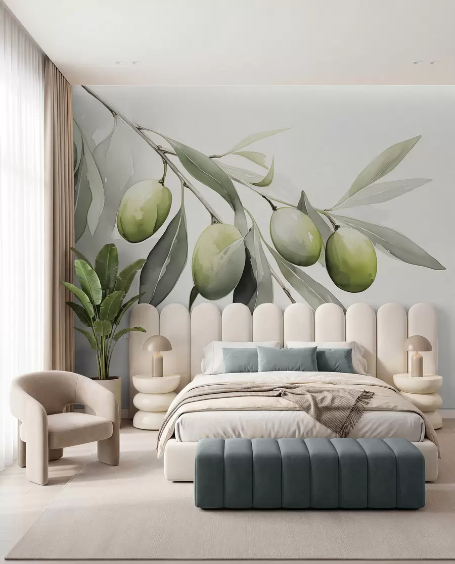 murales de pared Rama con aceitunas verdes acuarela húmeda w02042