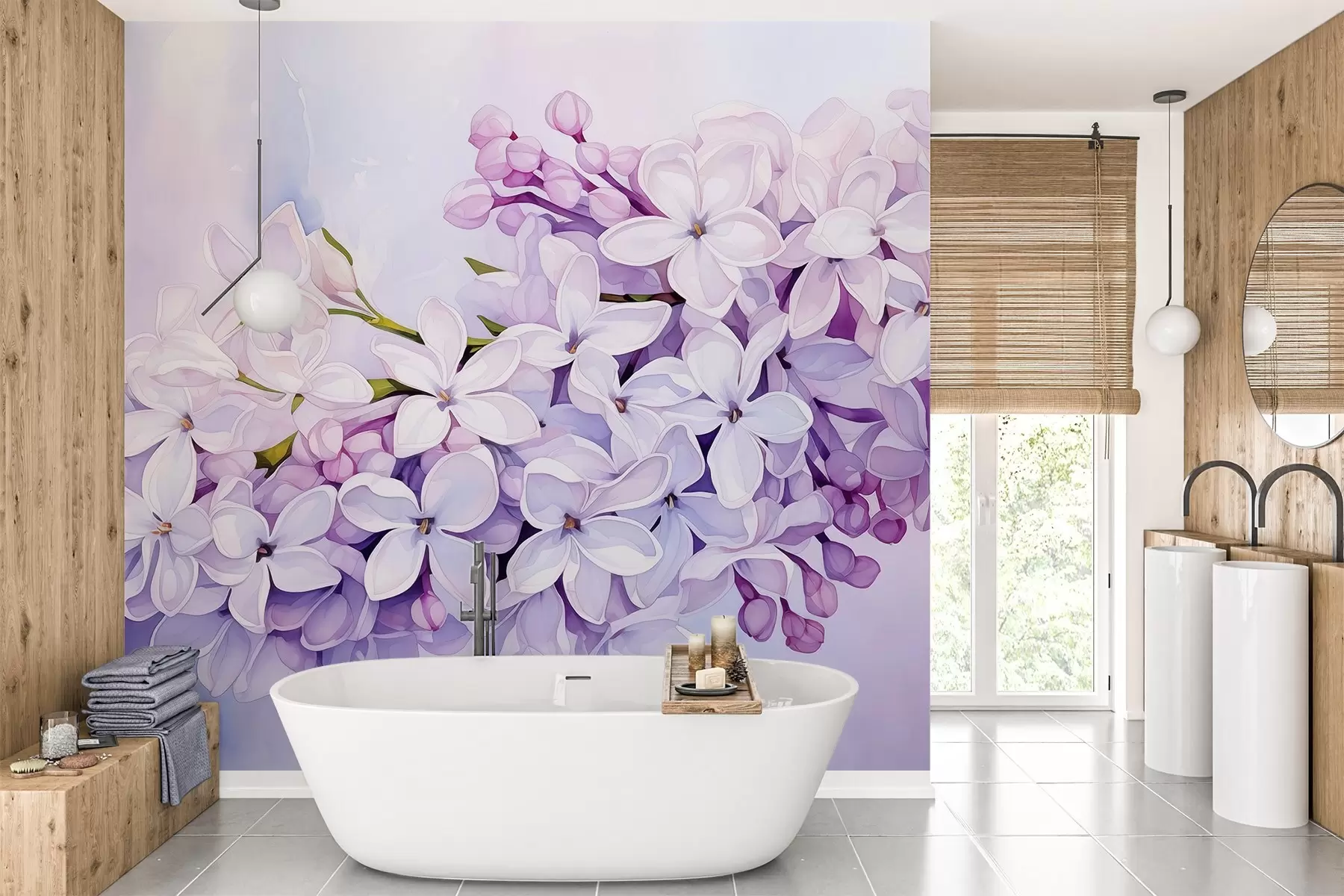 murales de pared Rama con flores lilas acuarela húmeda, tono morado w02050
