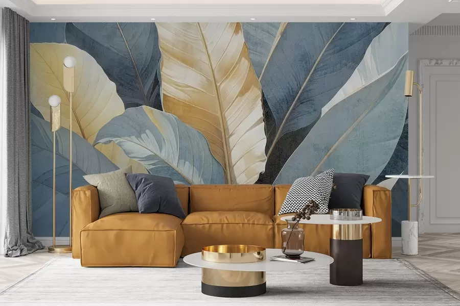 murales de pared Primer plano de grandes y exuberantes hojas tropicales decorativas con textura en tonos azules, verdes y amarillos w08373