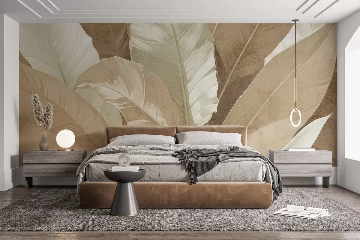 murales de pared Primer plano de grandes hojas tropicales decorativas, exuberantes y texturizadas, en tonos marrones y beige w08373v1