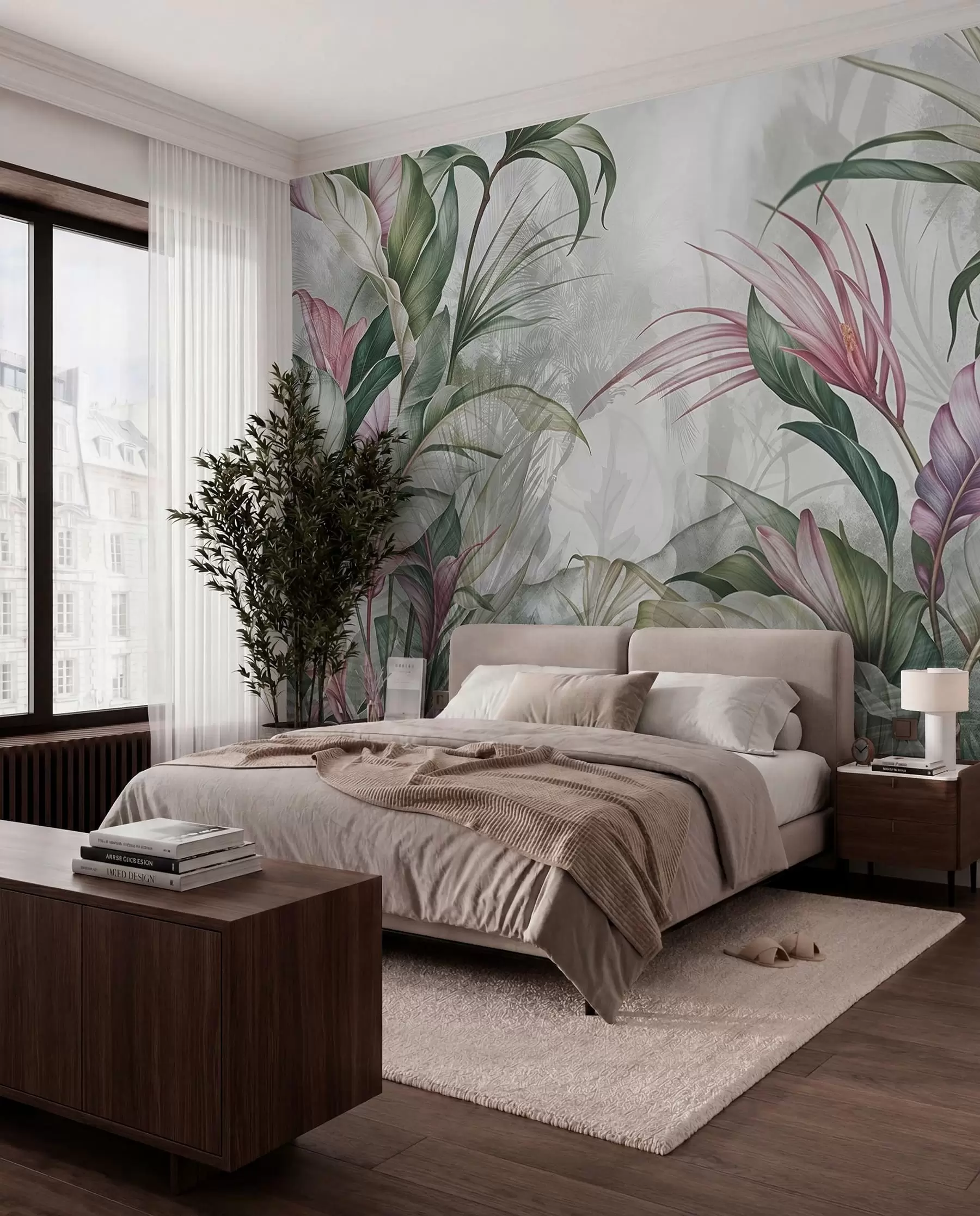 murales de pared Selva tropical con grandes hojas verdes y flores de protea rosa con fondo borroso texturizado w08375