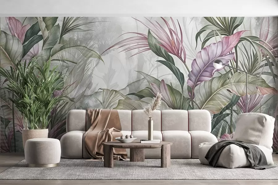 murales de pared Selva tropical con grandes hojas verdes y flores de protea rosa con fondo borroso texturizado w08375