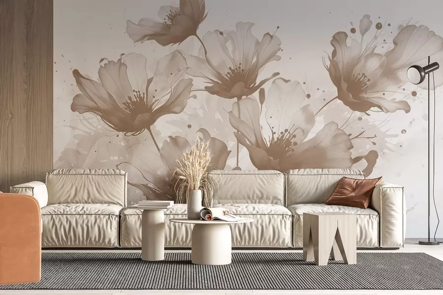 murales de pared Delicadas flores marrones con pétalos suaves y difuminados y salpicaduras de acuarela sobre un fondo claro w08376v1