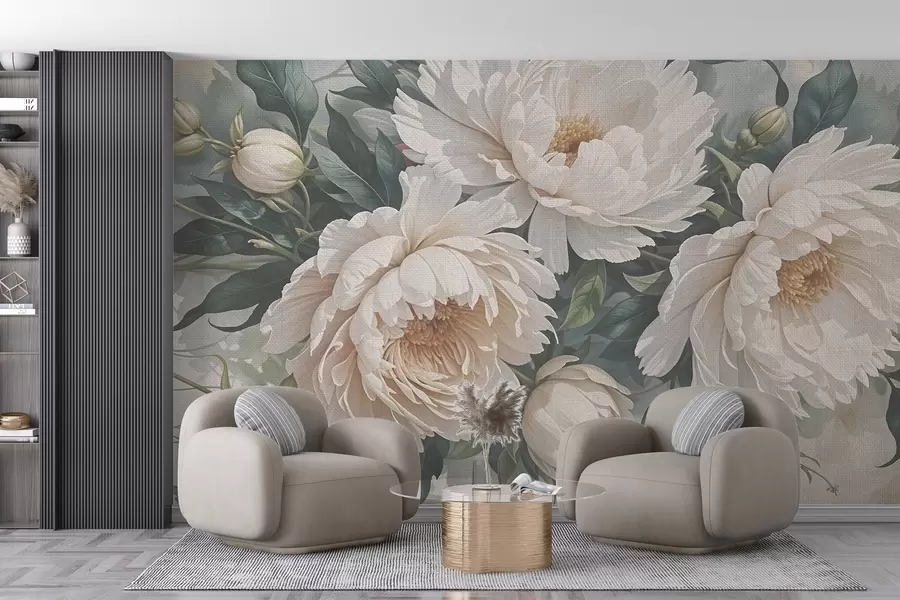 murales de pared Flores grandes de peonía blanca con textura y hojas verdes, un arreglo floral exuberante y romántico w08377