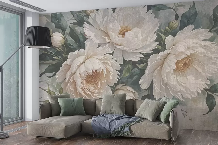 murales de pared Flores grandes de peonía blanca con textura y hojas verdes, un arreglo floral exuberante y romántico w08377