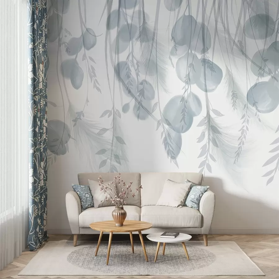 murales de pared Delicadas hojas de eucalipto grises y verde pastel cayendo, creando una atmósfera serena y tranquilizadora w08380