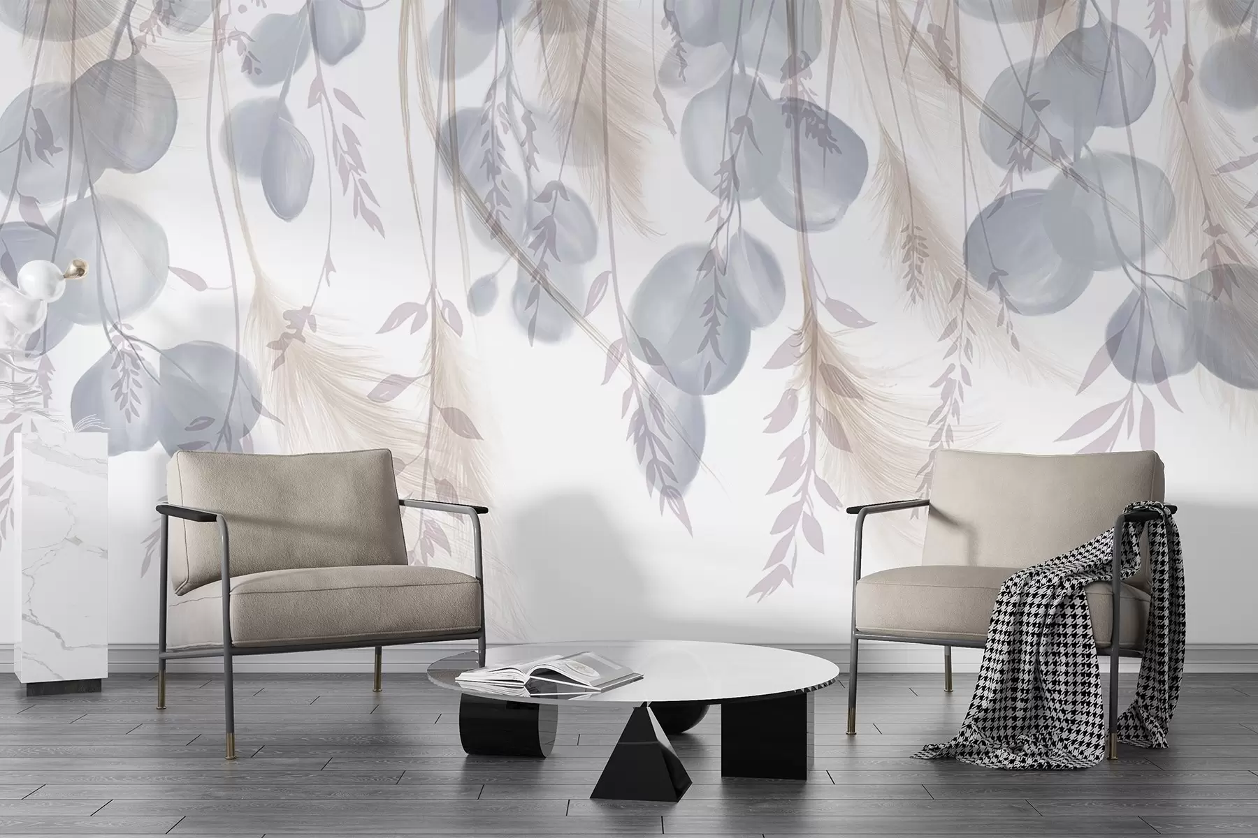 murales de pared Delicadas hojas de eucalipto azul y beige pastel cayendo, creando una atmósfera serena y tranquilizadora w08380v1