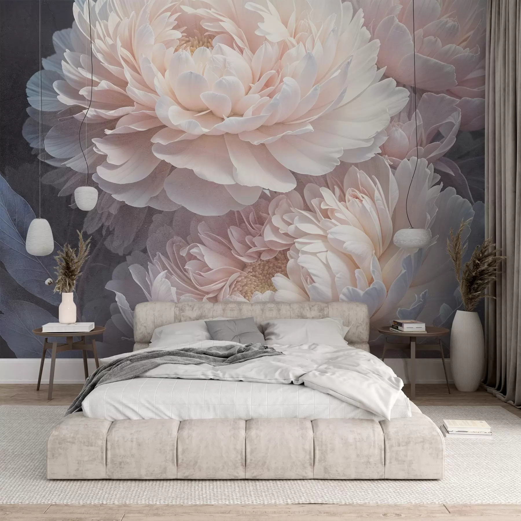 murales de pared Primer plano de dos grandes y delicadas peonías rosas con pétalos y hojas suaves y esponjosos sobre un fondo difuminado w08382