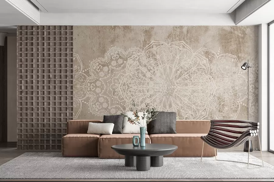 murales de pared Un detallado e intrincado dibujo de mandala de encaje blanco sobre un fondo de pared de color marrón beige con textura de loft w08387v1