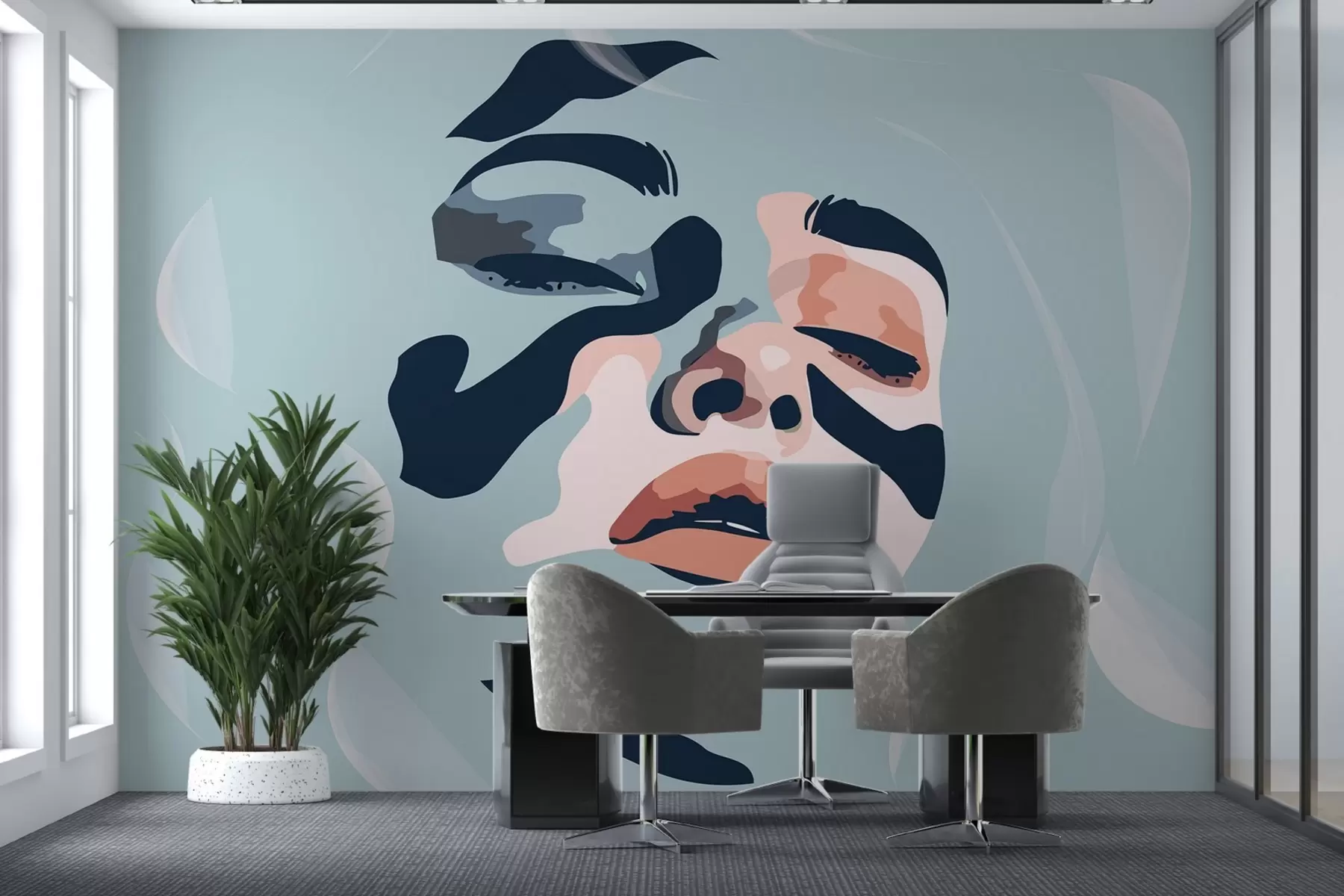 murales de pared Cara de niña sobre fondo azul, pintada con colores w02060v1