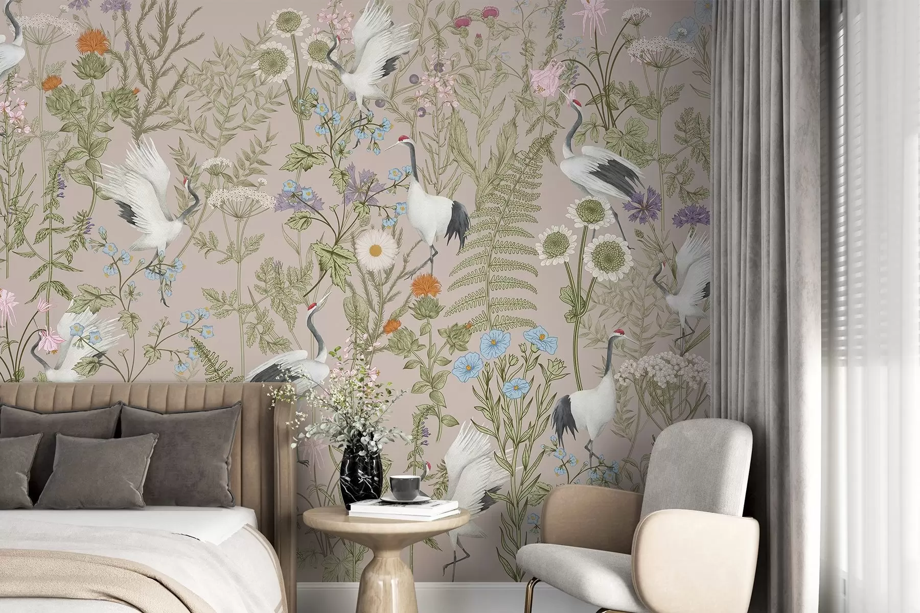 murales de pared Elegantes grullas entre flores vibrantes w00380