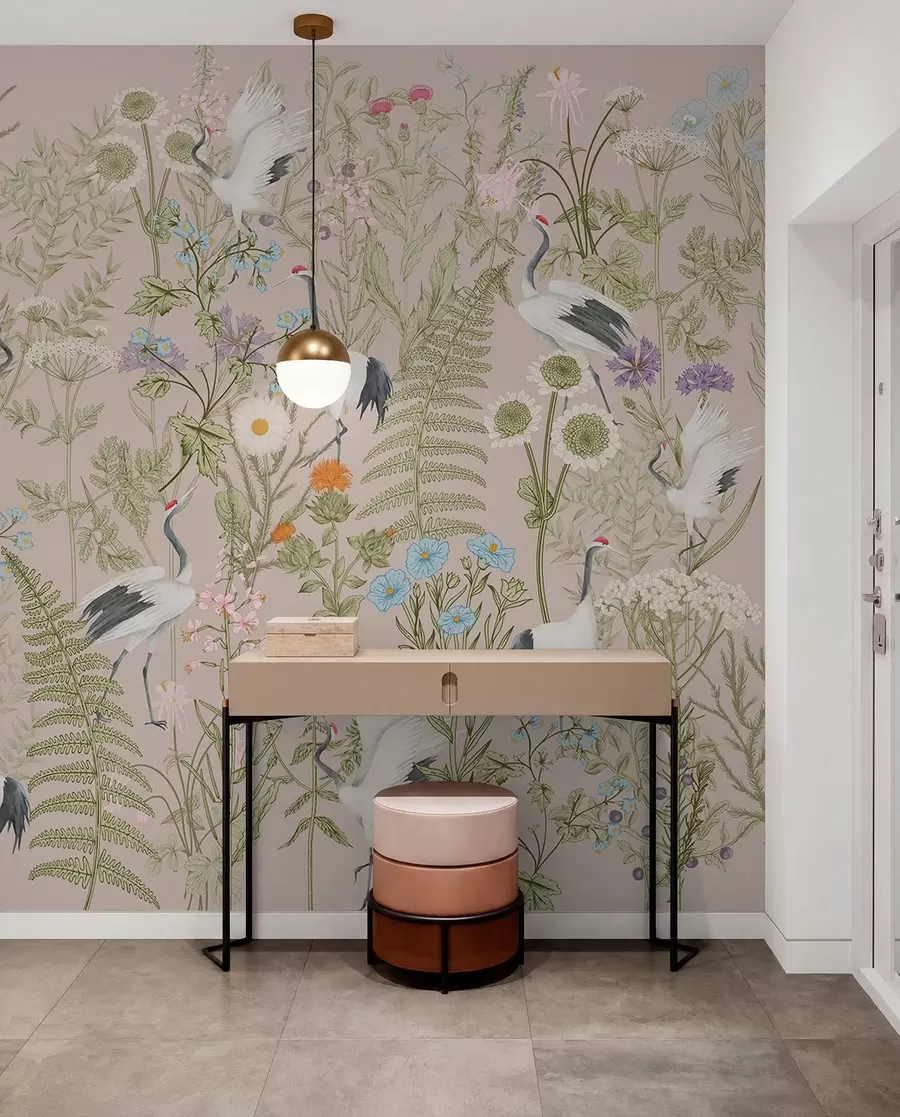 murales de pared Elegantes grullas entre flores vibrantes w00380