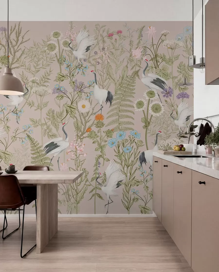 murales de pared Elegantes grullas entre flores vibrantes w00380