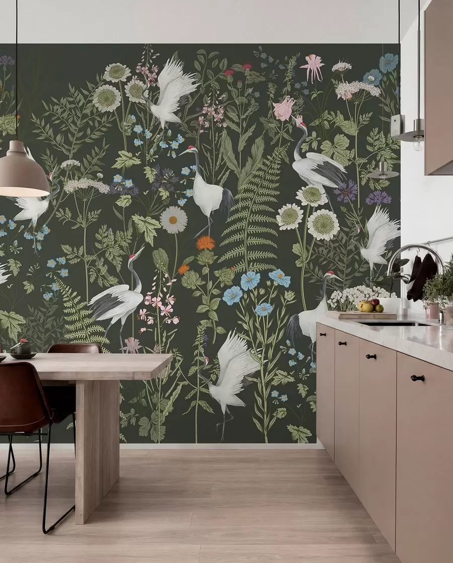 murales de pared Grullas bailando entre flores vibrantes w00380v2