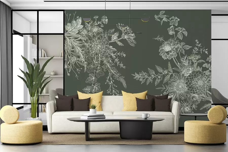 murales de pared Elegantes esbozos florales sobre fondo oscuro w00381