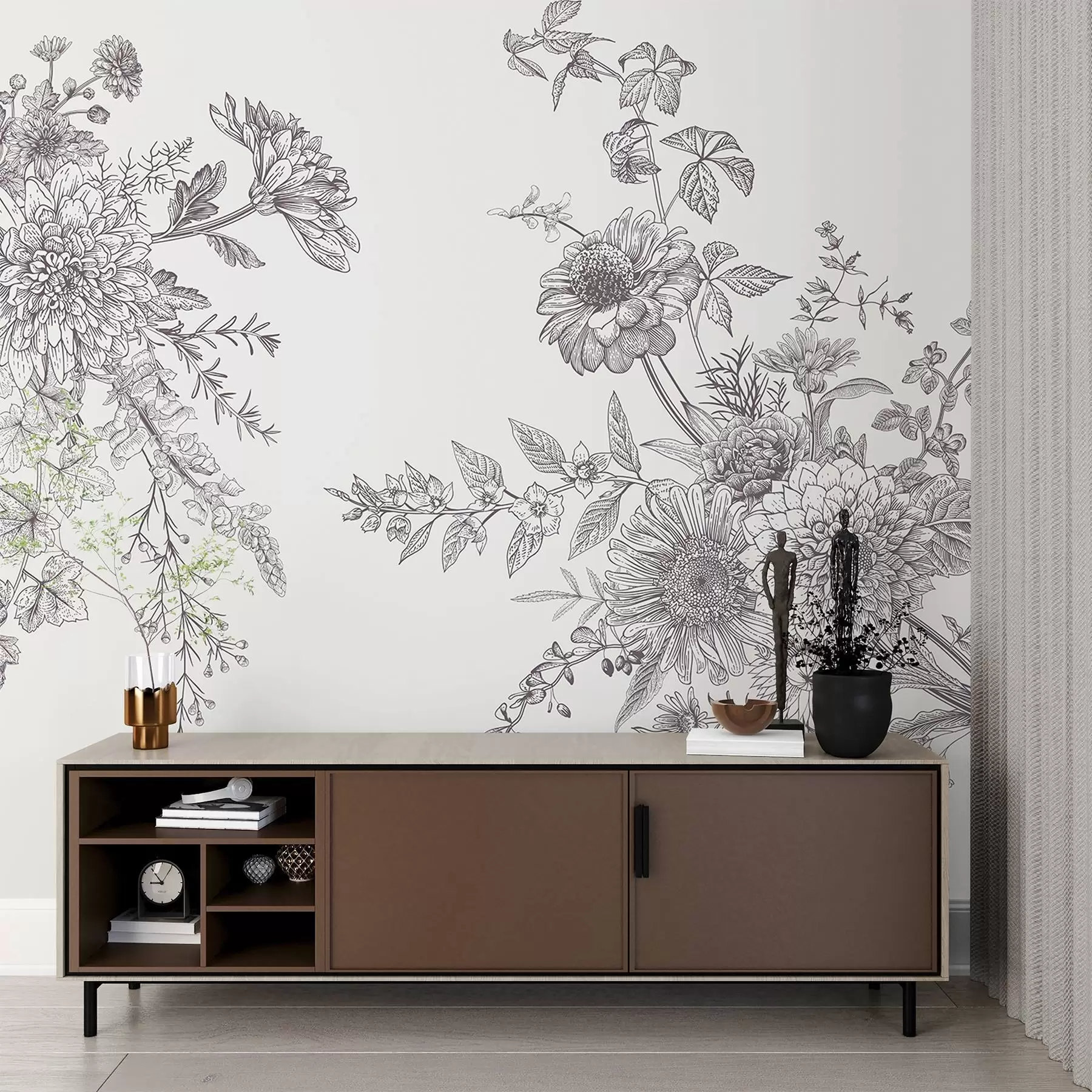 murales de pared Diseño floral intrincado en monocromo w00381v2