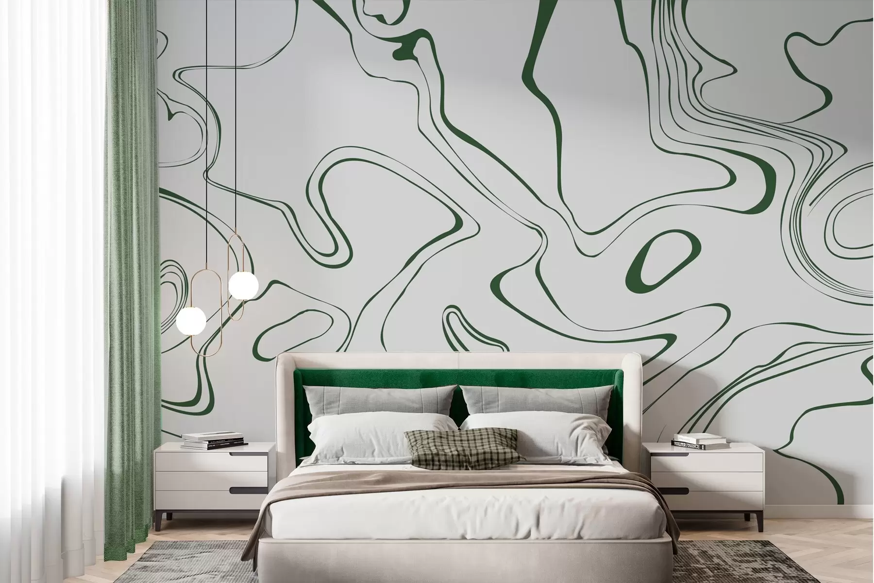 murales de pared Líneas fluidas en verde y blanco w00634v3