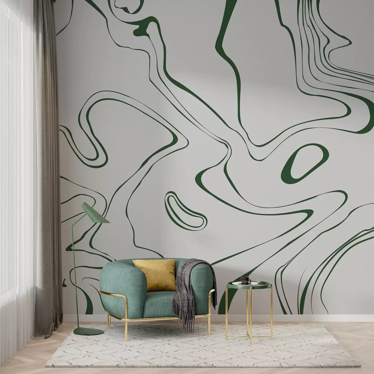 murales de pared Líneas fluidas en verde y blanco w00634v3
