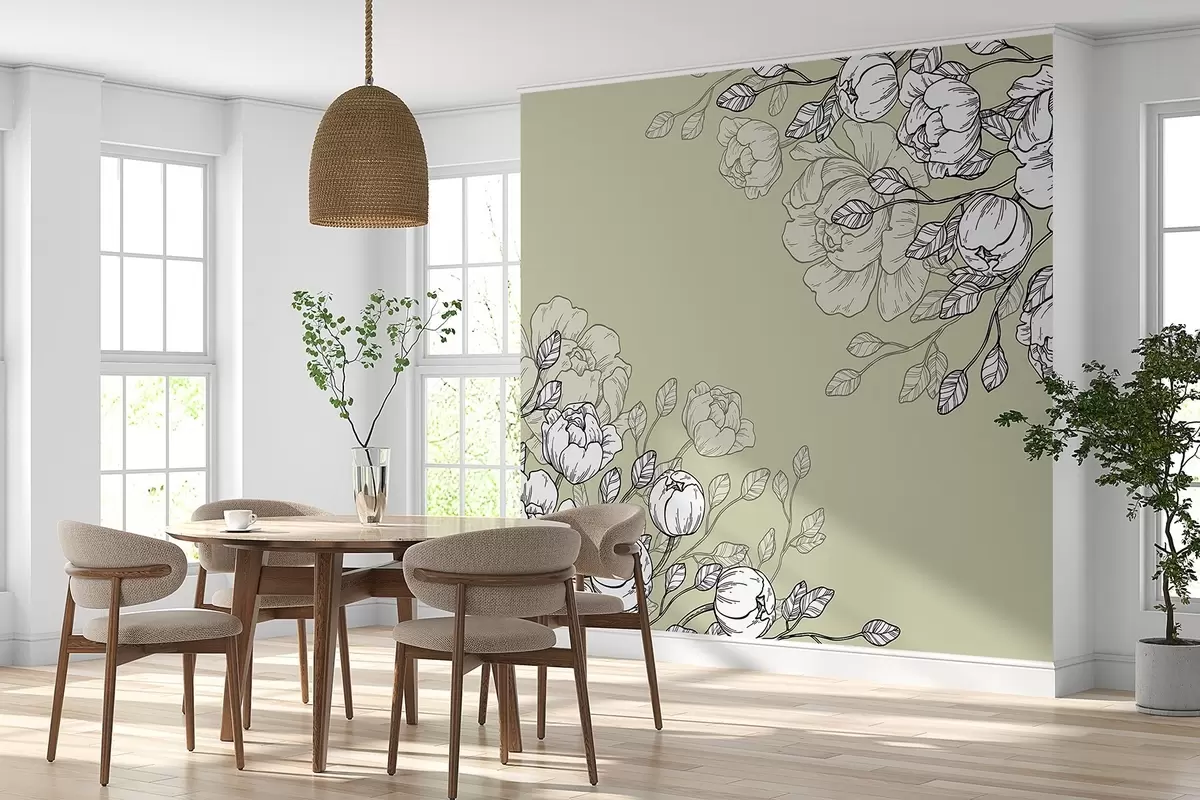 murales de pared Elegante diseño floral sobre verde suave w00641v1