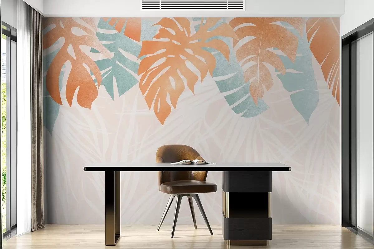 murales de pared Diseño de hojas tropicales en tonos suaves w00678
