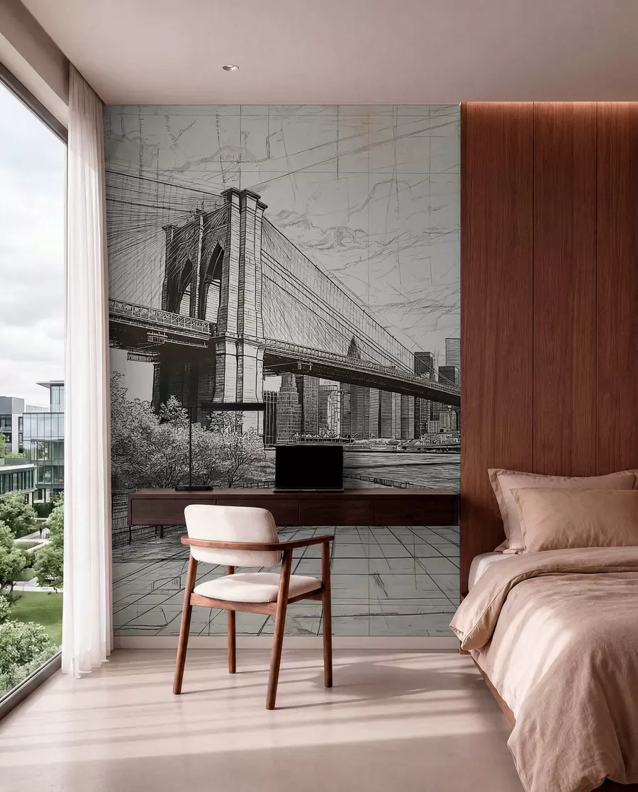 murales de pared Panorama del puente de Brooklyn realizado con una técnica retro abocetada con líneas y arañazos w01961