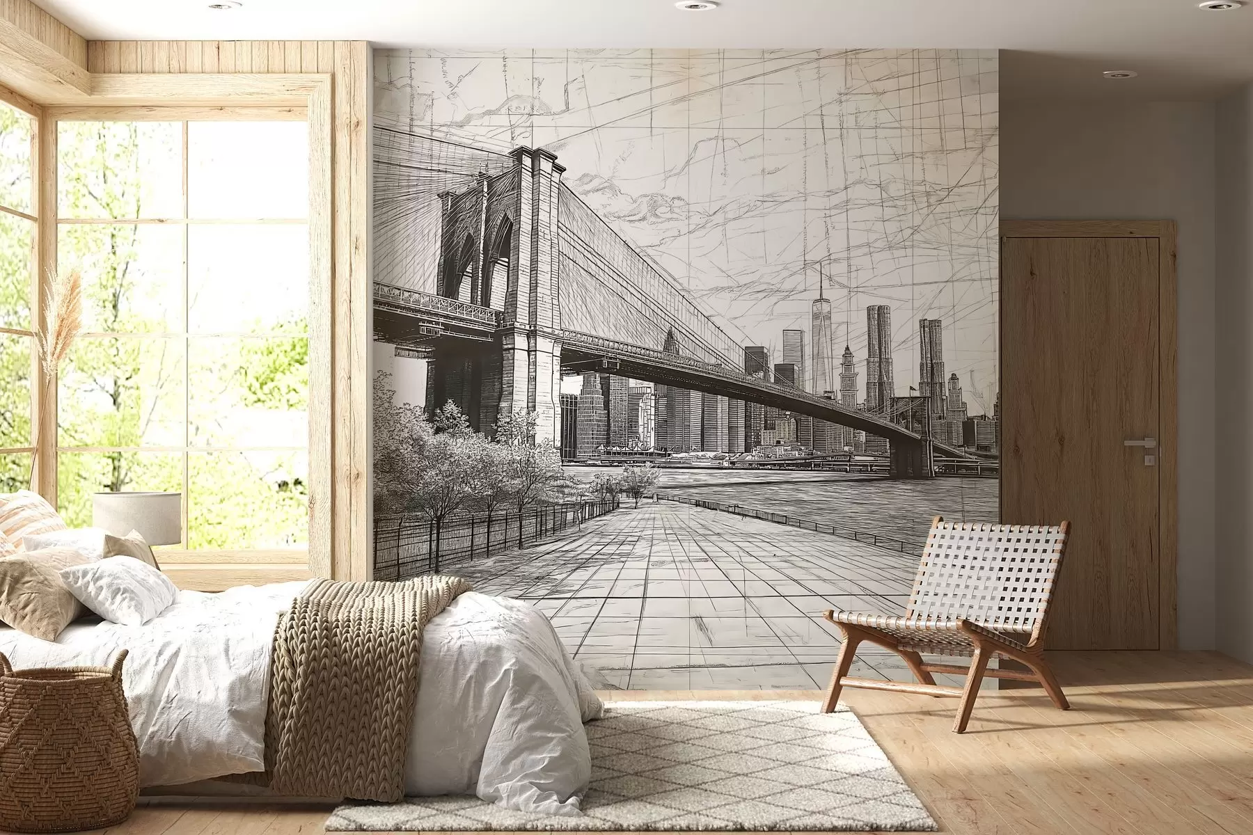 murales de pared Panorama del puente de Brooklyn realizado con una técnica retro abocetada con líneas y arañazos w01961