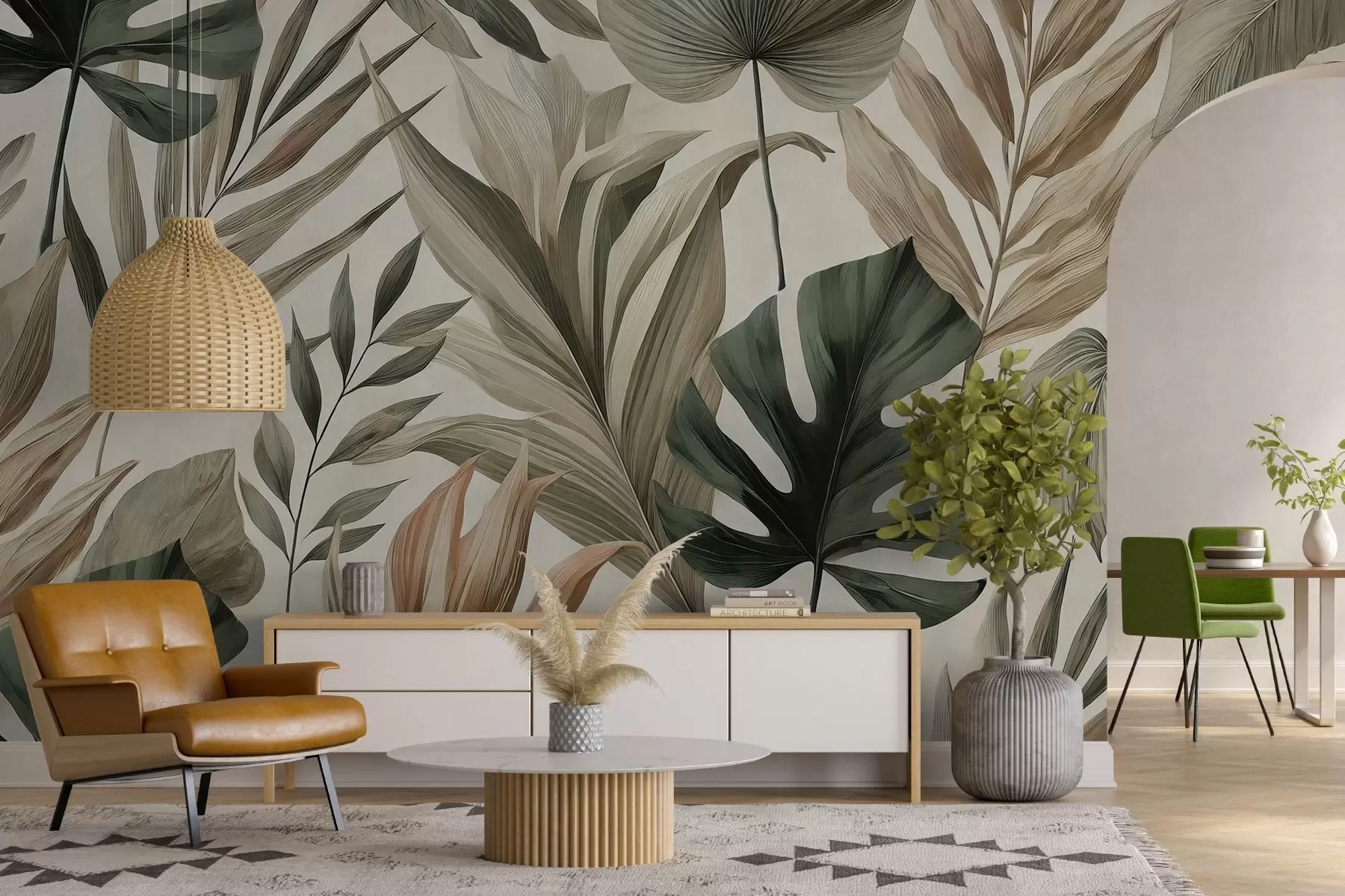 murales de pared Grandes hojas tropicales en delicados y sobrios tonos pastel w02082