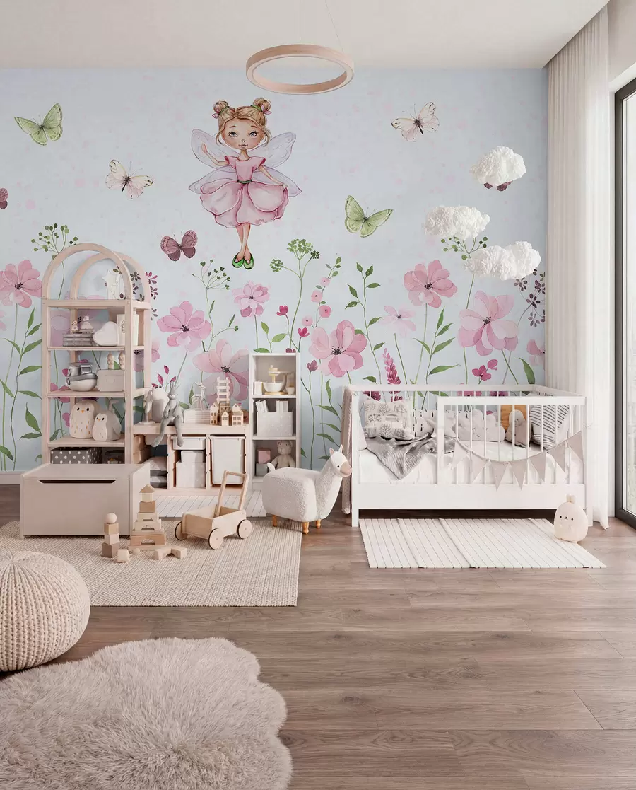 murales de pared Un hada entre flores y mariposas w01460