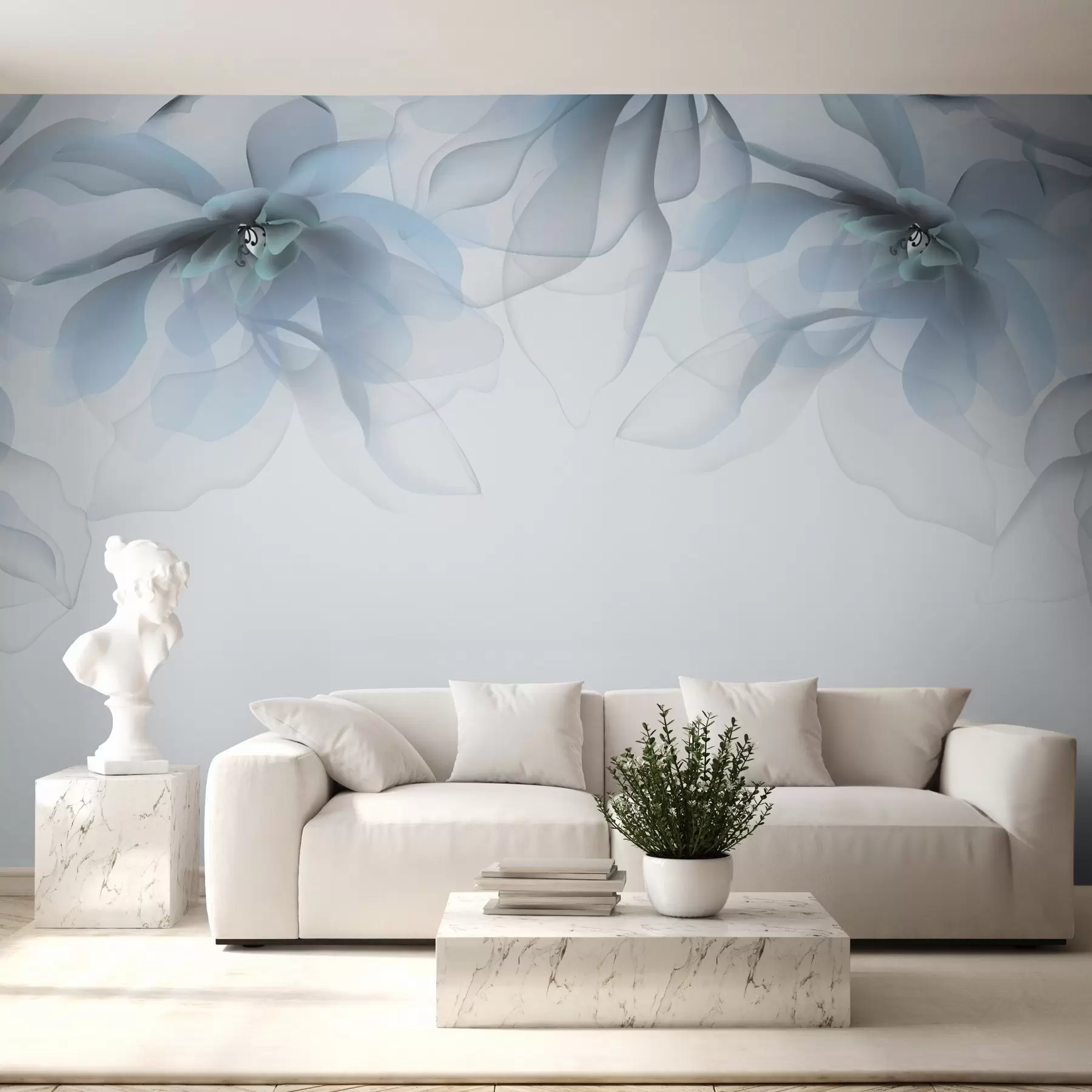 murales de pared flores grandes azules translúcidas en la parte superior w02093v2
