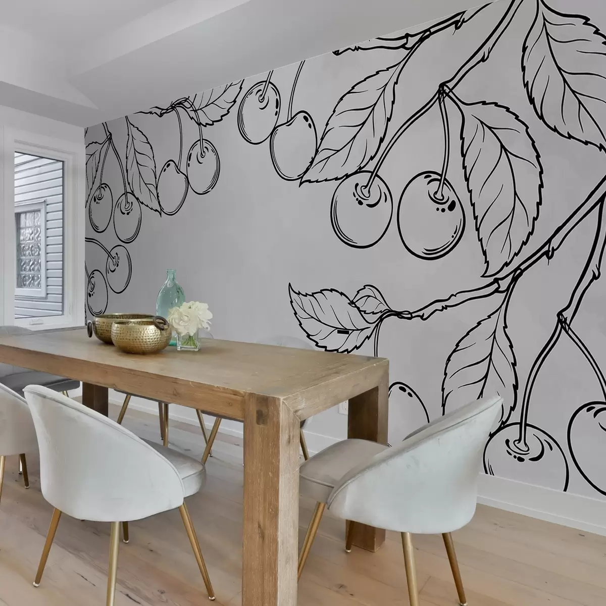murales de pared ramas pintadas con cerezas sobre fondo gris w02094