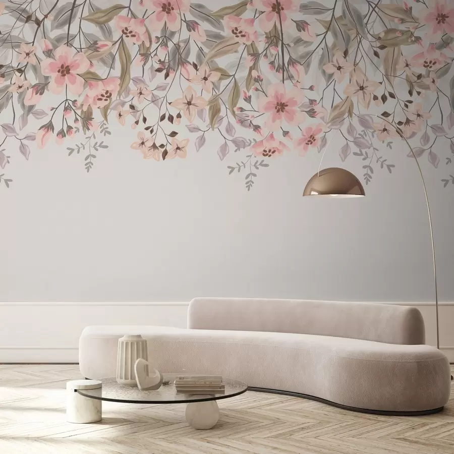 murales de pared flores y hojas sobre fondo beige w02096