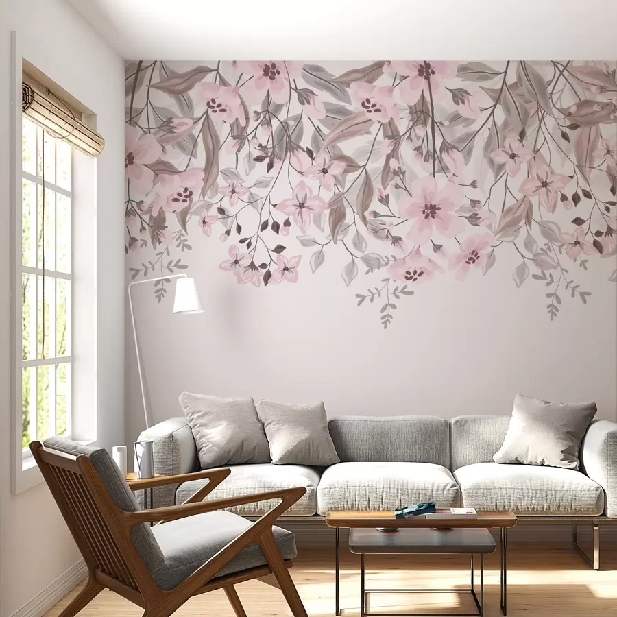 murales de pared flores y hojas desde arriba sobre fondo gris w02096v1