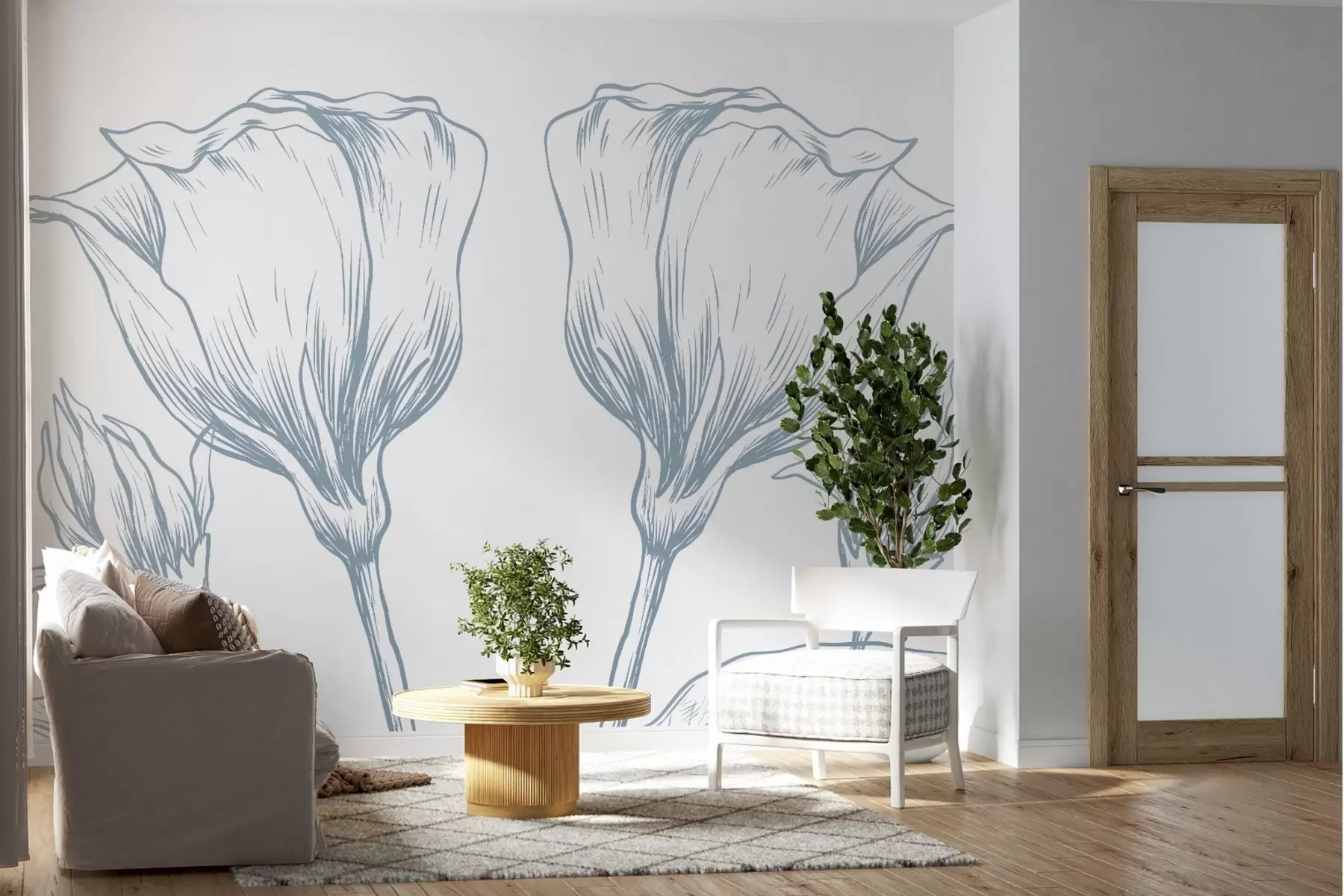 murales de pared Flores lineales delicadas en tonos azules w02098