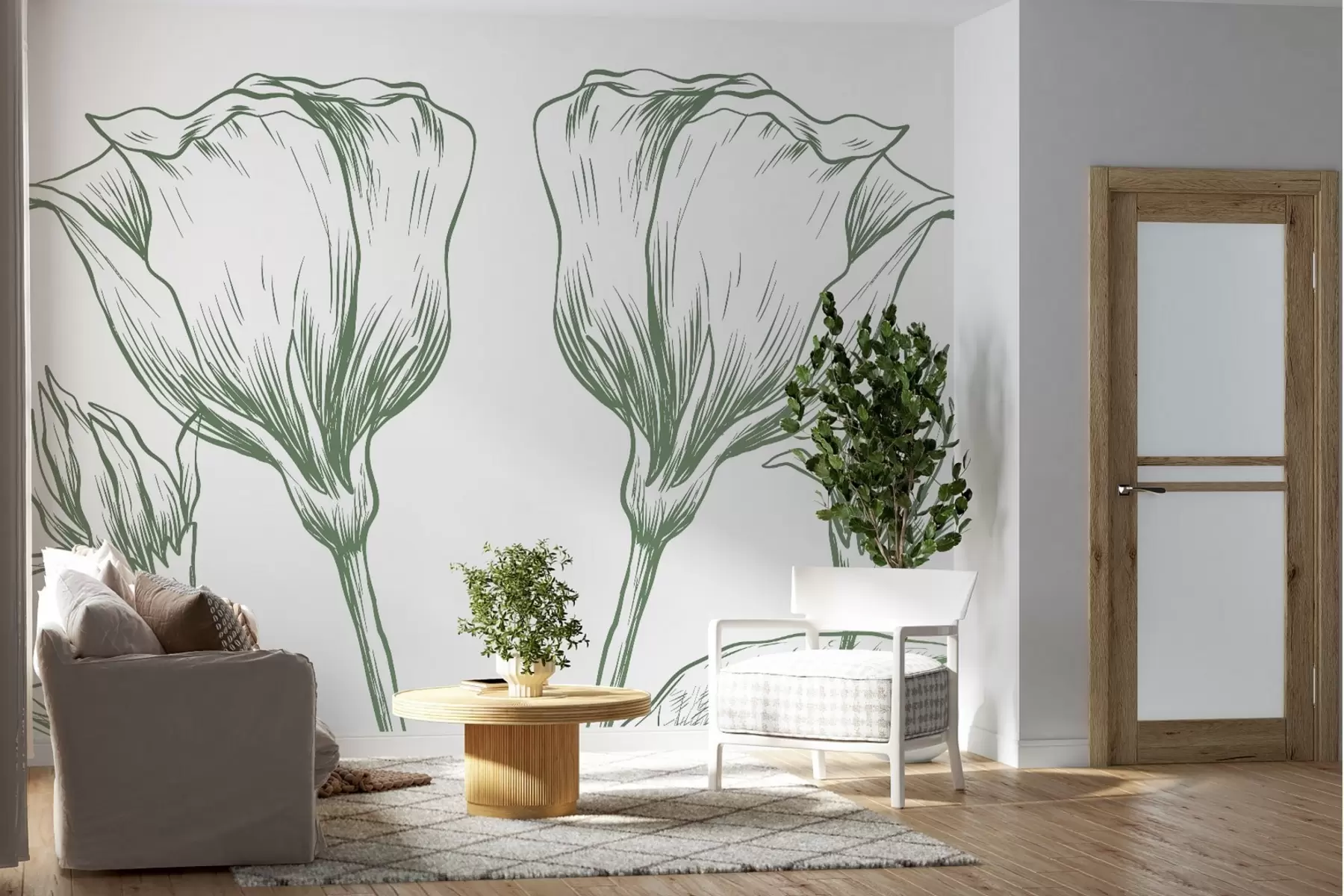 murales de pared Flores lineales delicadas en tonos verdes w02098v1