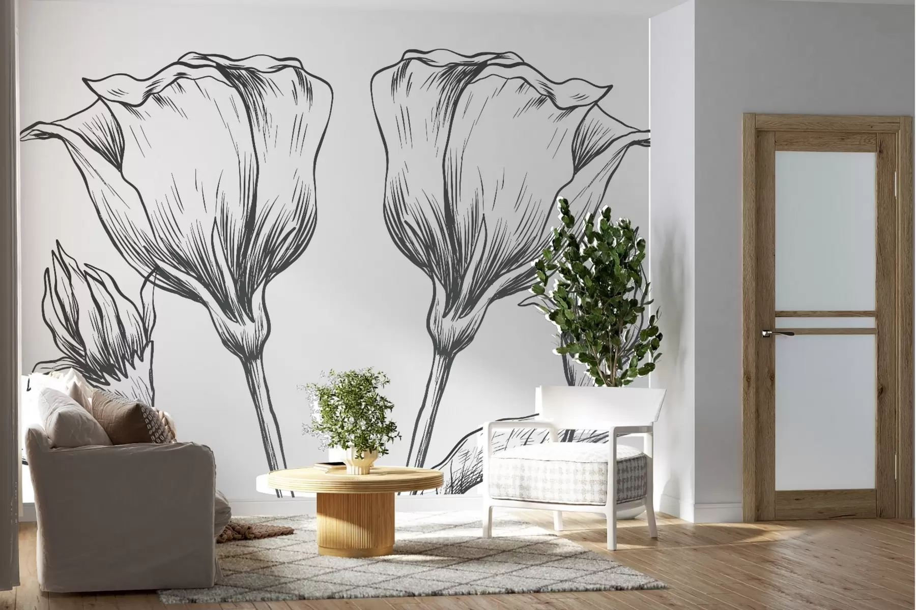 murales de pared Flores lineales delicadas en tonos grises oscuros w02098v2