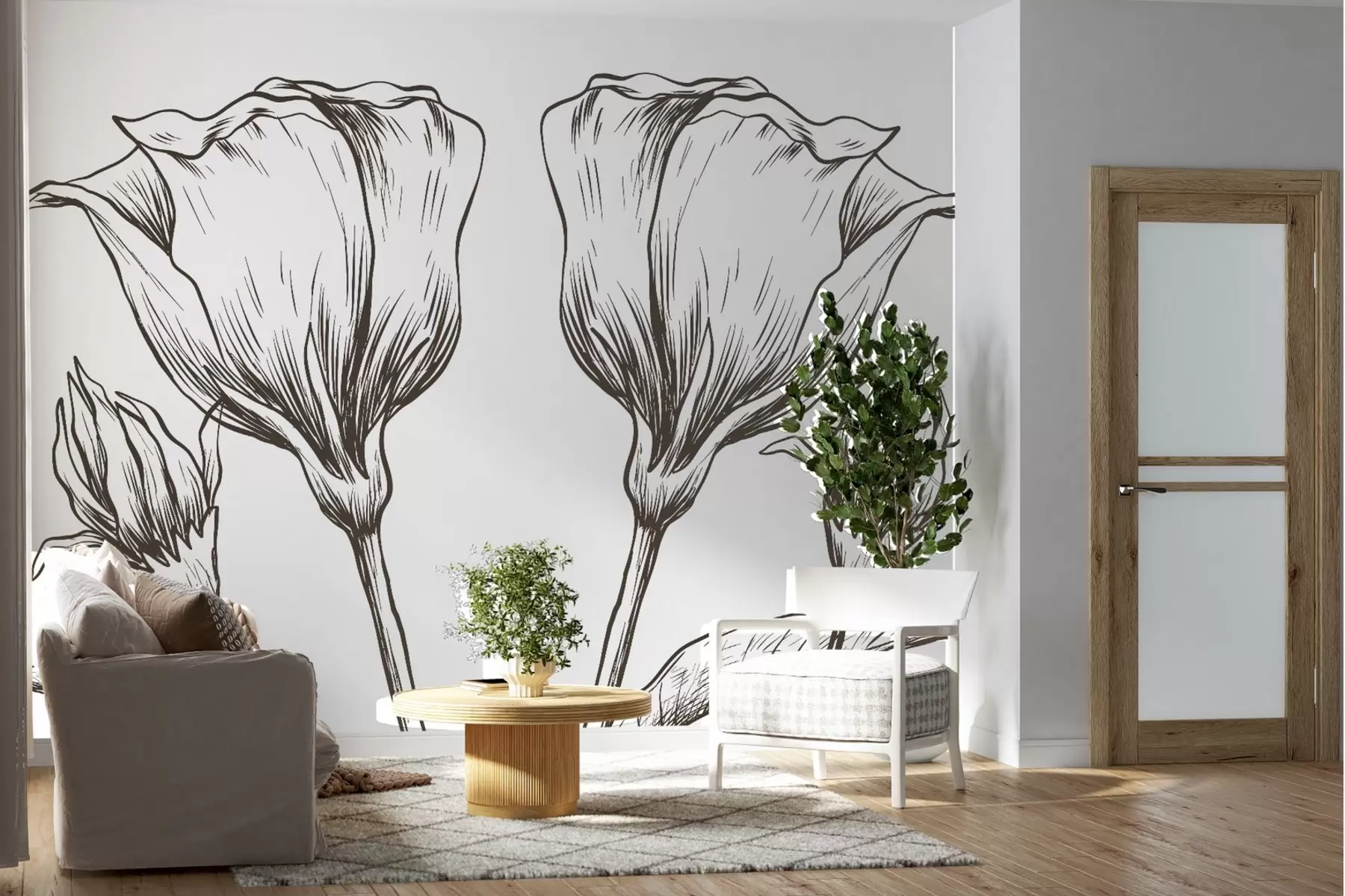 murales de pared Flores lineales delicadas en tonos marrones w02098v3